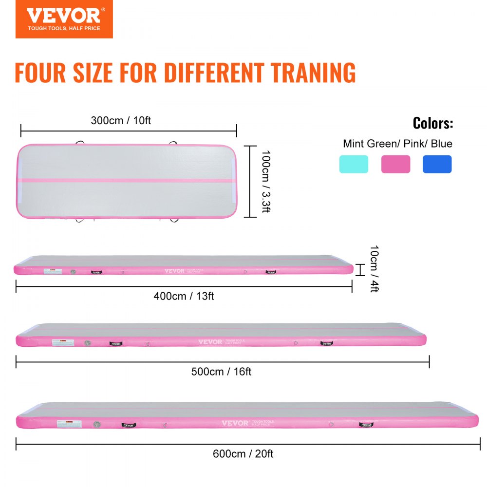 VEVOR Gymnastics Air Mat, 4 inch Thickness Inflatable Gymnastics Tumbling Mat, Tumble Track with Electric Pump, Training Mats for Home Use/Gym/Yoga/Cheerleading/Beach/Park/Water, 13 ft, Pink