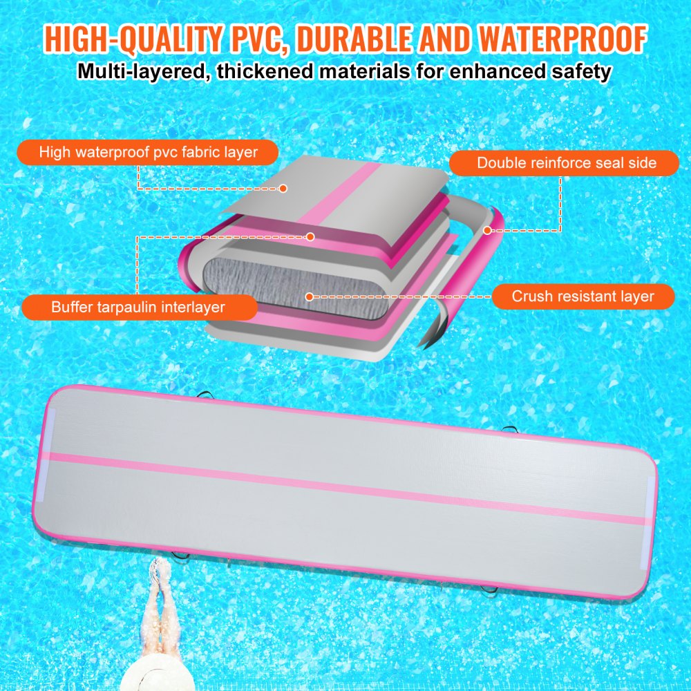 VEVOR Gymnastics Air Mat, 4 inch Thickness Inflatable Gymnastics Tumbling Mat, Tumble Track with Electric Pump, Training Mats for Home Use/Gym/Yoga/Cheerleading/Beach/Park/Water, 13 ft, Pink