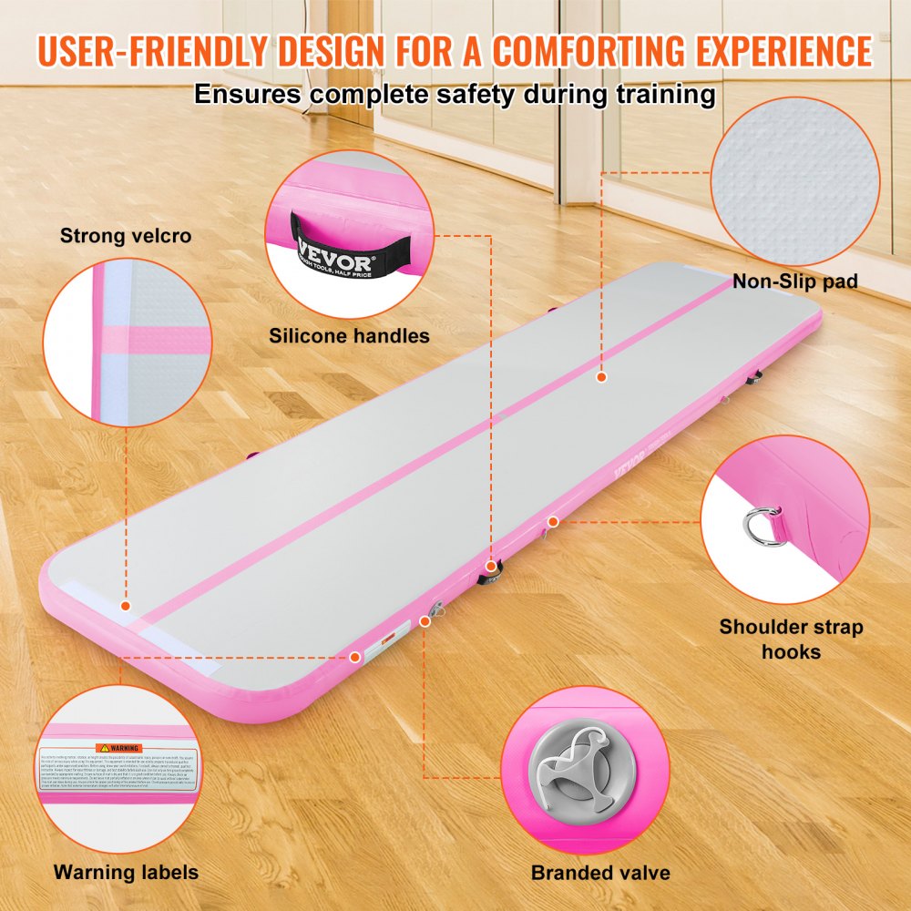 VEVOR Gymnastics Air Mat, 4 inch Thickness Inflatable Gymnastics Tumbling Mat, Tumble Track with Electric Pump, Training Mats for Home Use/Gym/Yoga/Cheerleading/Beach/Park/Water, 13 ft, Pink