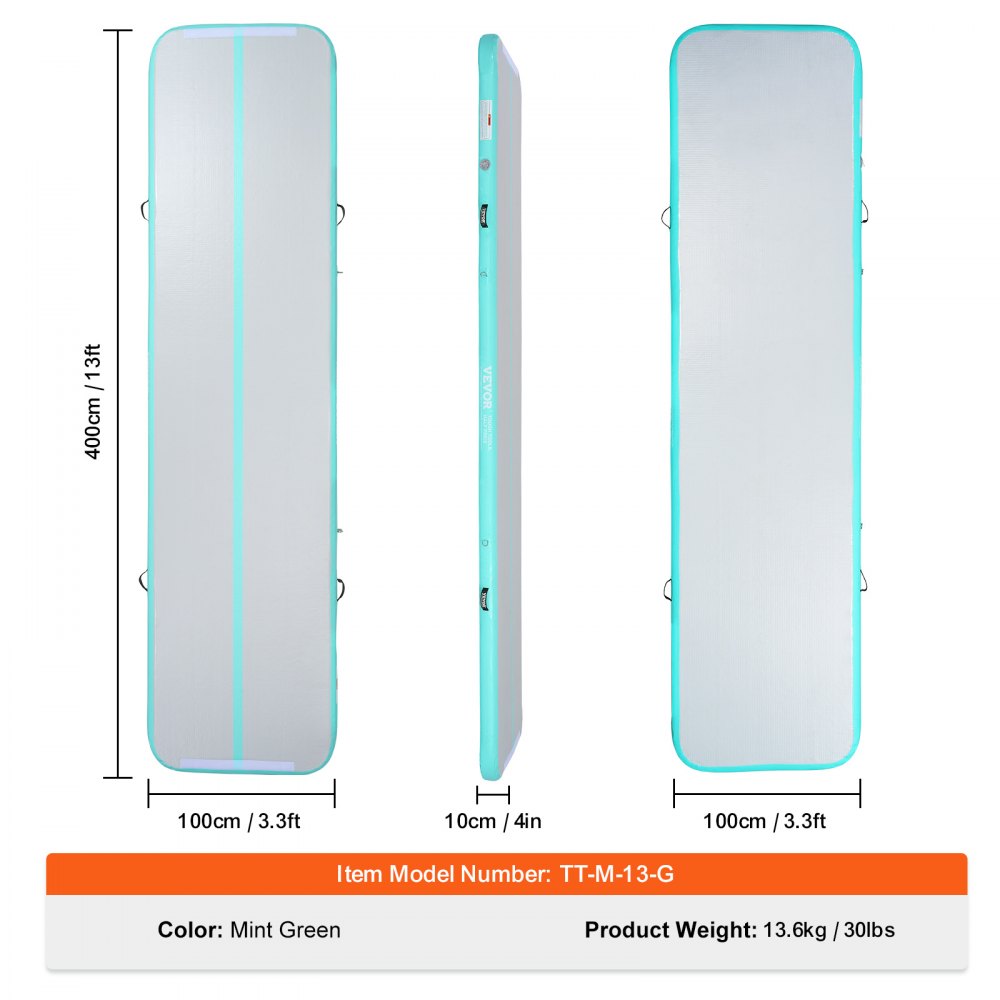 VEVOR Gymnastics Air Mat, 4 inch Thickness Inflatable Gymnastics Tumbling Mat, Tumble Track with Electric Pump, Training Mats for Home Use/Gym/Yoga/Cheerleading/Beach/Park/Water, 13 ft, Mint Green
