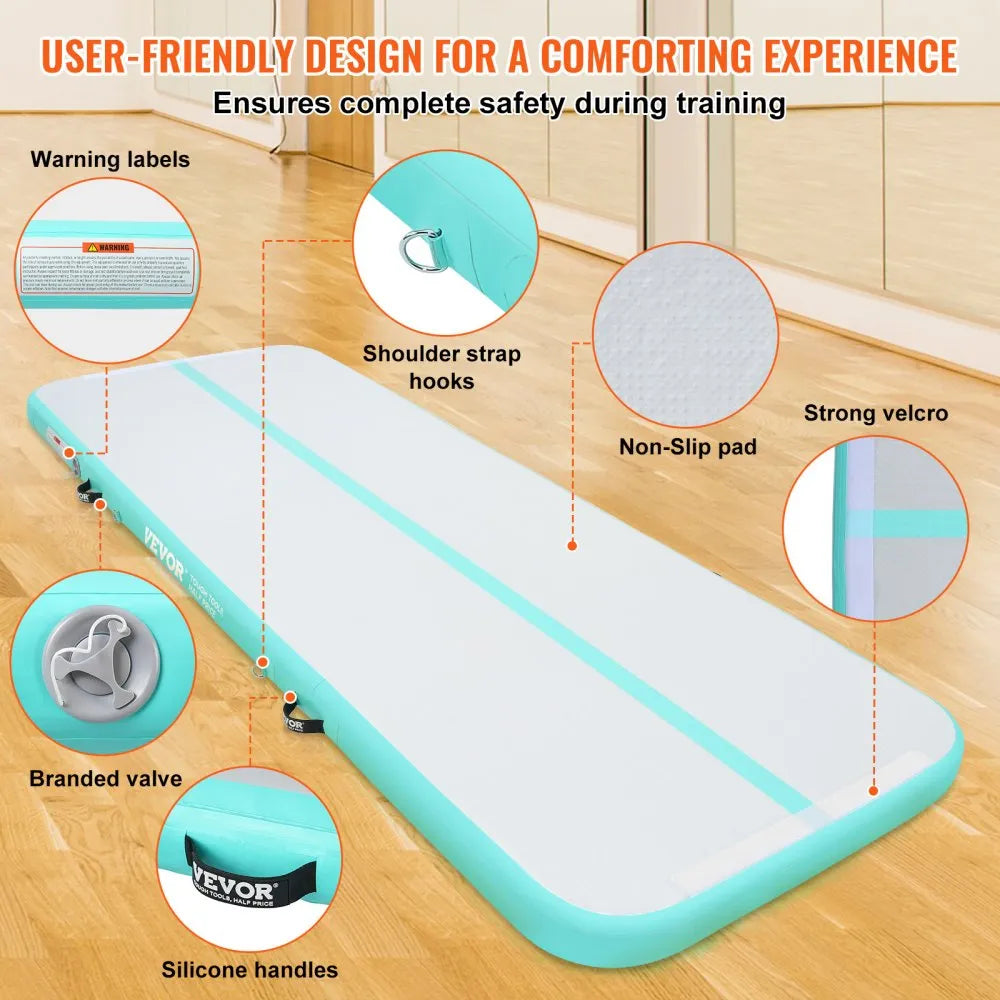 VEVOR Gymnastics Air Mat, 4 inch Thickness Inflatable Gymnastics Tumbling Mat, Tumble Track with Electric Pump, Training Mats for Home Use/Gym/Yoga/Cheerleading/Beach/Park/Water, 10 ft, Mint Green