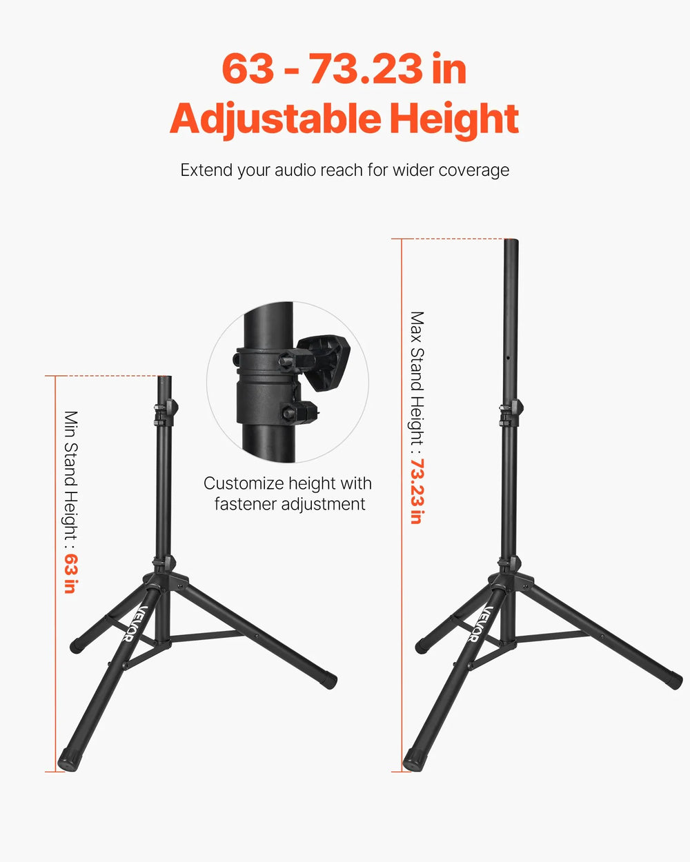 Adjustable speaker stand height range diagram (63 to 73.23 inches)