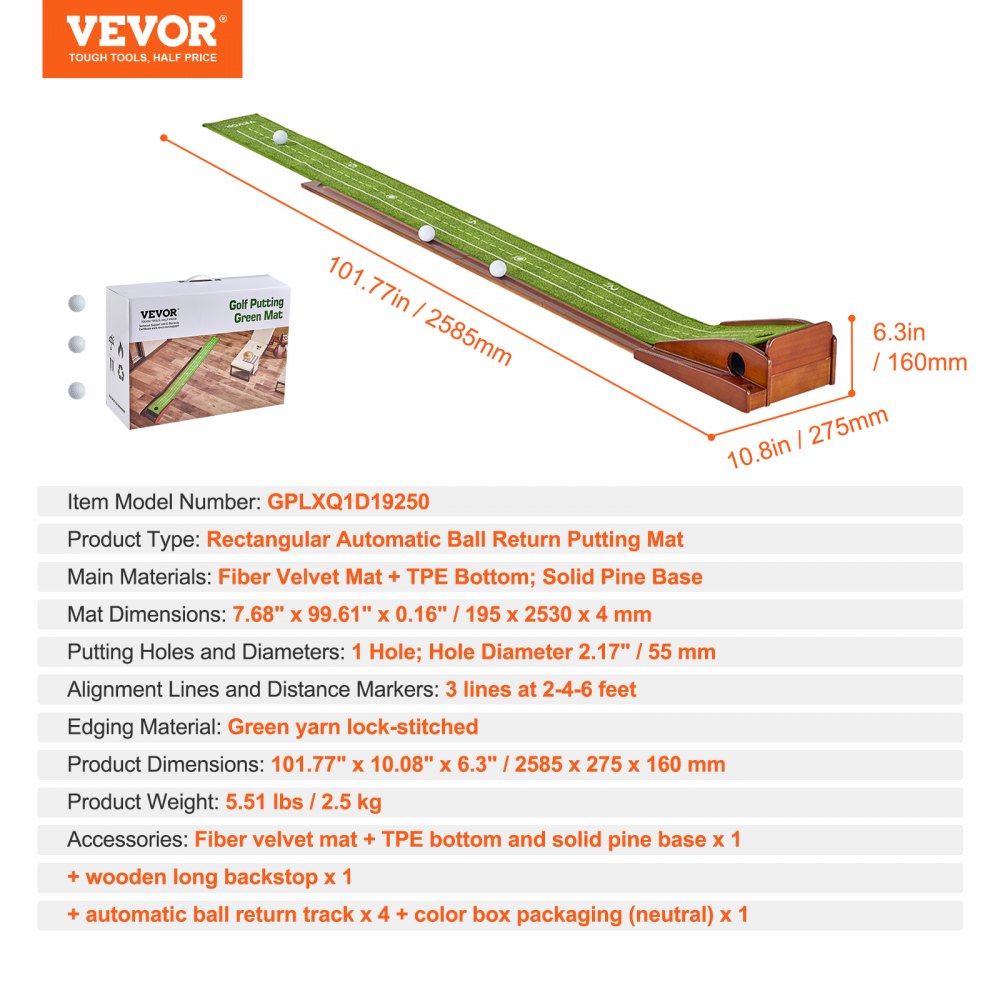 VEVOR Golf Putting Mat, 1 Hole Indoor Golf Putting Green, Wrinkle-Free Golf Training Aid, Mini Golf Accessory with Auto-Ball Return, Alignment Guide, and Wood Base, Game Practice Gift for Home Office