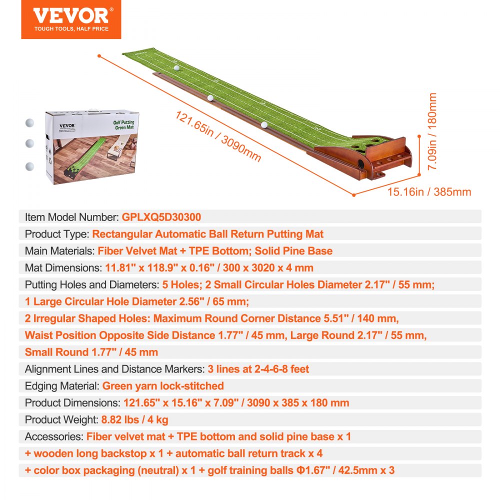 VEVOR Golf Putting Mat, 5 Hole Indoor Golf Putting Green, Wrinkle-Free Golf Training Aid, Mini Golf Set  with Auto-Ball Return, Alignment Guide, 3 Ball, Wood Base, Game Practice Gift for Home Offic