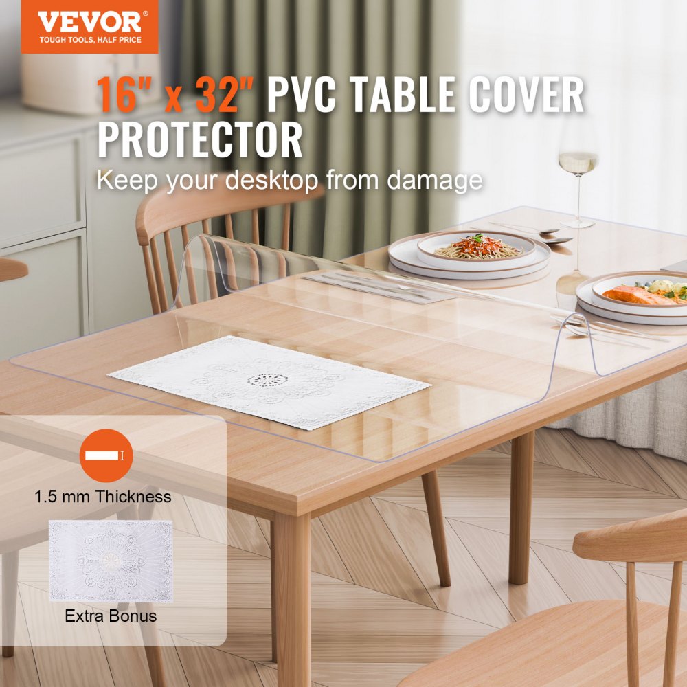 VEVOR Plastic Table Cover, 16 x 32 Inch 1.5 mm Thick Clear Table Protector, Rectangle PVC Desk Mat, Waterproof & Easy Cleaning Desk Pad Tablecloth, for Office Dresser Dining Room Table Night Stand