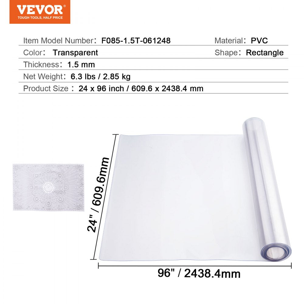 VEVOR Plastic Table Cover, 24 x 96 Inch 1.5 mm Thick Clear Table Protector, Rectangle PVC Desk Mat, Waterproof & Easy Cleaning Desk Pad Tablecloth, for Office Dresser Dining Room Table Night Stand