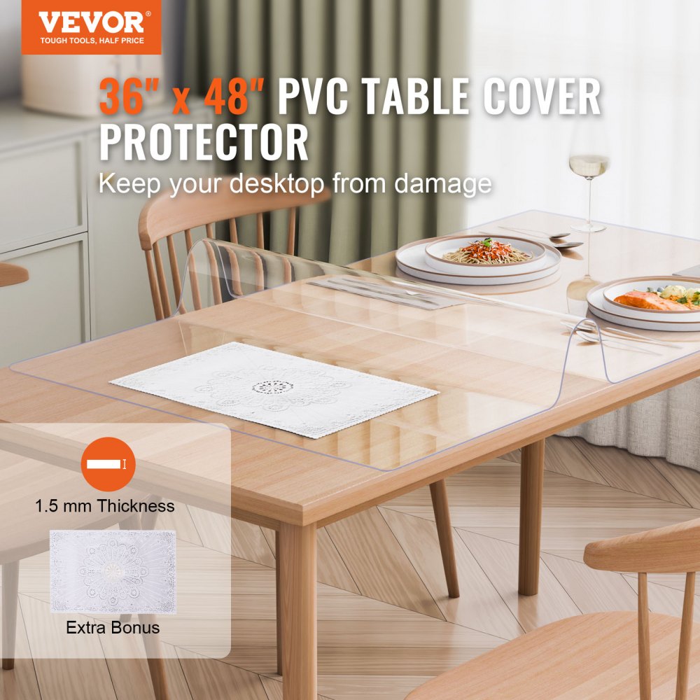 VEVOR Plastic Table Cover, 36 x 48 Inch 1.5 mm Thick Clear Table Protector, Rectangle PVC Desk Mat, Waterproof & Easy Cleaning Desk Pad Tablecloth, for Office Dresser Dining Room Table Night Stand