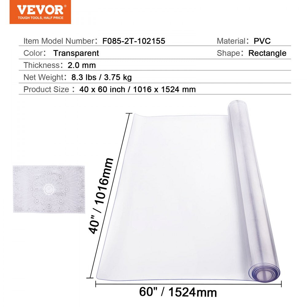 VEVOR Plastic Table Cover, 40 x 60 Inch 2.0 mm Thick Clear Table Protector, Rectangle PVC Desk Mat, Waterproof & Easy Cleaning Desk Pad Tablecloth, for Office Dresser Dining Room Table Night Stand