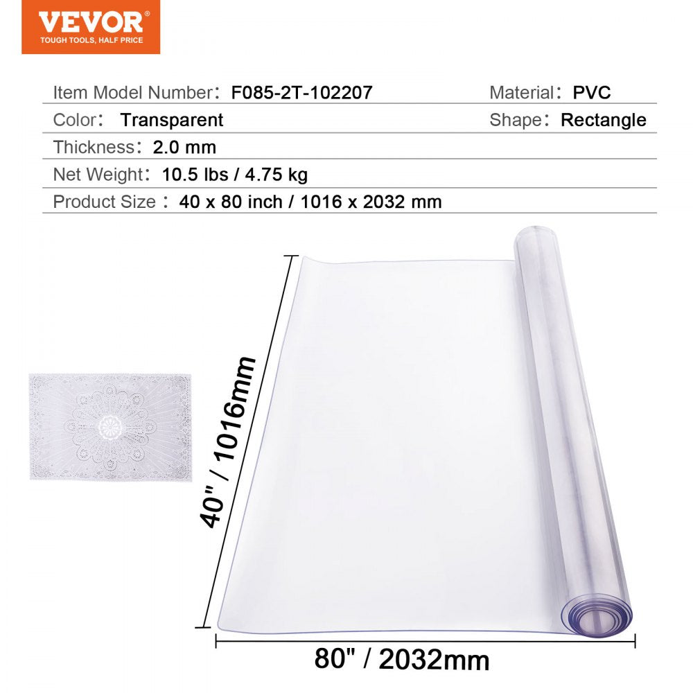 VEVOR Plastic Table Cover, 40 x 80 Inch 2.0 mm Thick Clear Table Protector, Rectangle PVC Desk Mat, Waterproof & Easy Cleaning Desk Pad Tablecloth, for Office Dresser Dining Room Table Night Stand