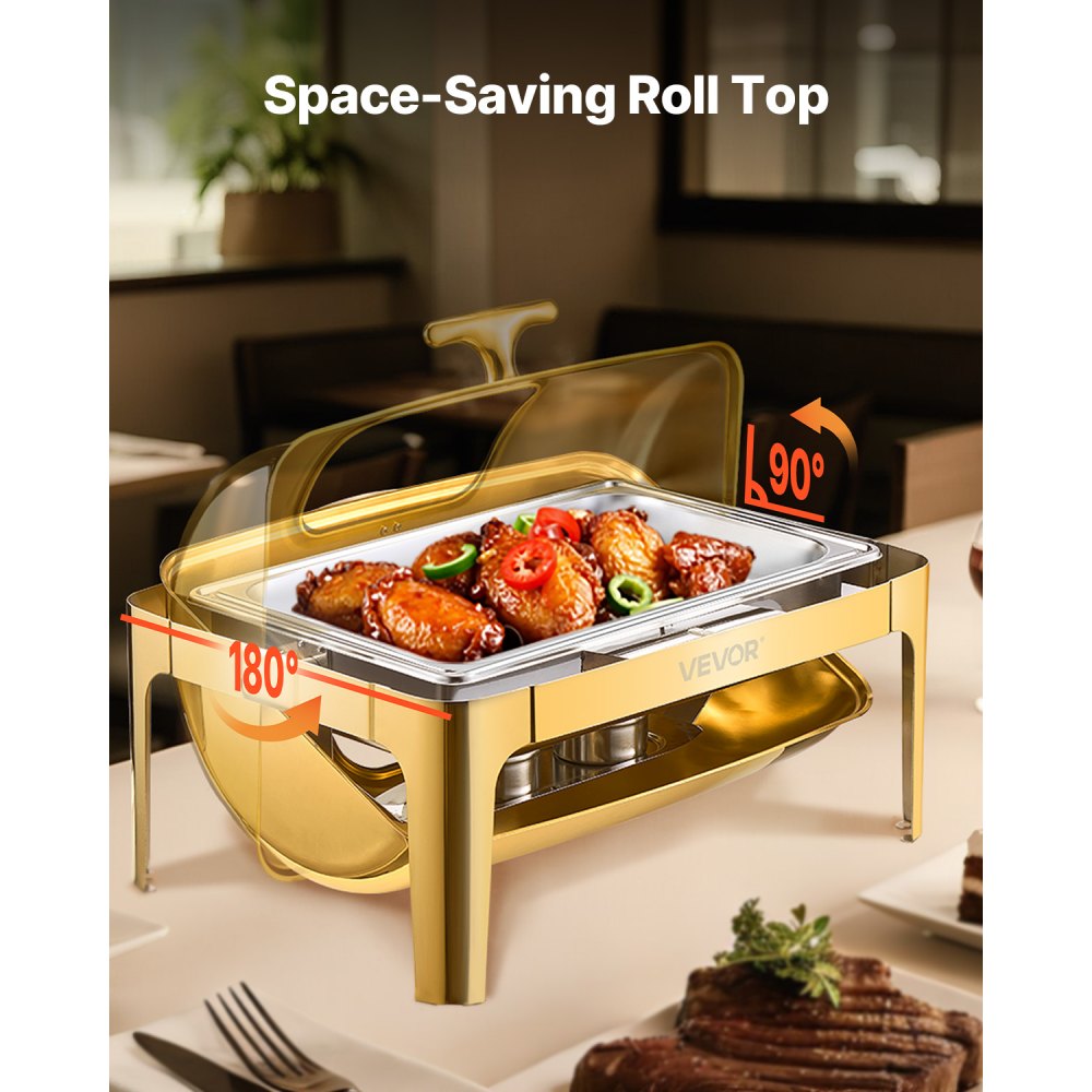 VEVOR Roll Top Chafing Dish Buffet Complete Set, 9Qt Stainless Steel Chafer with Full Size Pan, Rectangle Catering Warmer Server with Visible Lid Water Pan Folding Stand Fuel Holder Meal Clip, Gold
