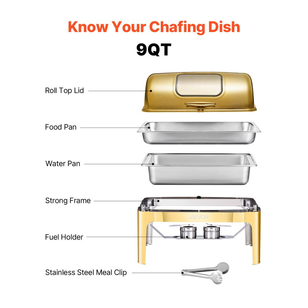 VEVOR Roll Top Chafing Dish Buffet Complete Set, 9Qt Stainless Steel Chafer with Full Size Pan, Rectangle Catering Warmer Server with Visible Lid Water Pan Folding Stand Fuel Holder Meal Clip, Gold