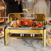 VEVOR Roll Top Chafing Dish Buffet Complete Set, 9Qt Stainless Steel Chafer with Full Size Pan, Rectangle Catering Warmer Server with Visible Lid Water Pan Folding Stand Fuel Holder Meal Clip, Gold
