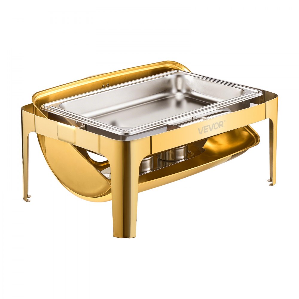 VEVOR Roll Top Chafing Dish Buffet Complete Set, 9Qt Stainless Steel Chafer with Full Size Pan, Rectangle Catering Warmer Server with Visible Lid Water Pan Folding Stand Fuel Holder Meal Clip, Gold