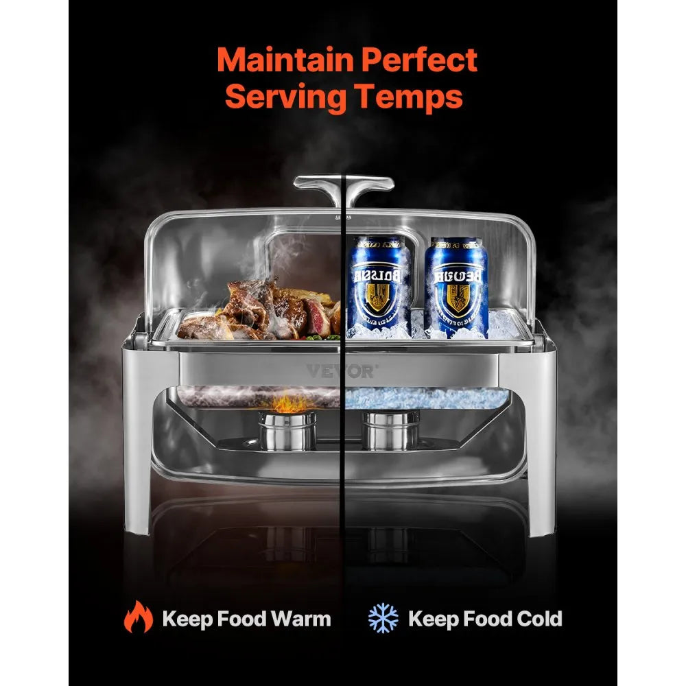 VEVOR Roll Top Chafing Dish Buffet Complete Set, 9 Qt 1 Pack Stainless Steel Chafer with 2 Half Size Pans, Rectangle Catering Warmer Server with Visible Lid Water Pan Folding Stand Fuel Holder, Silver