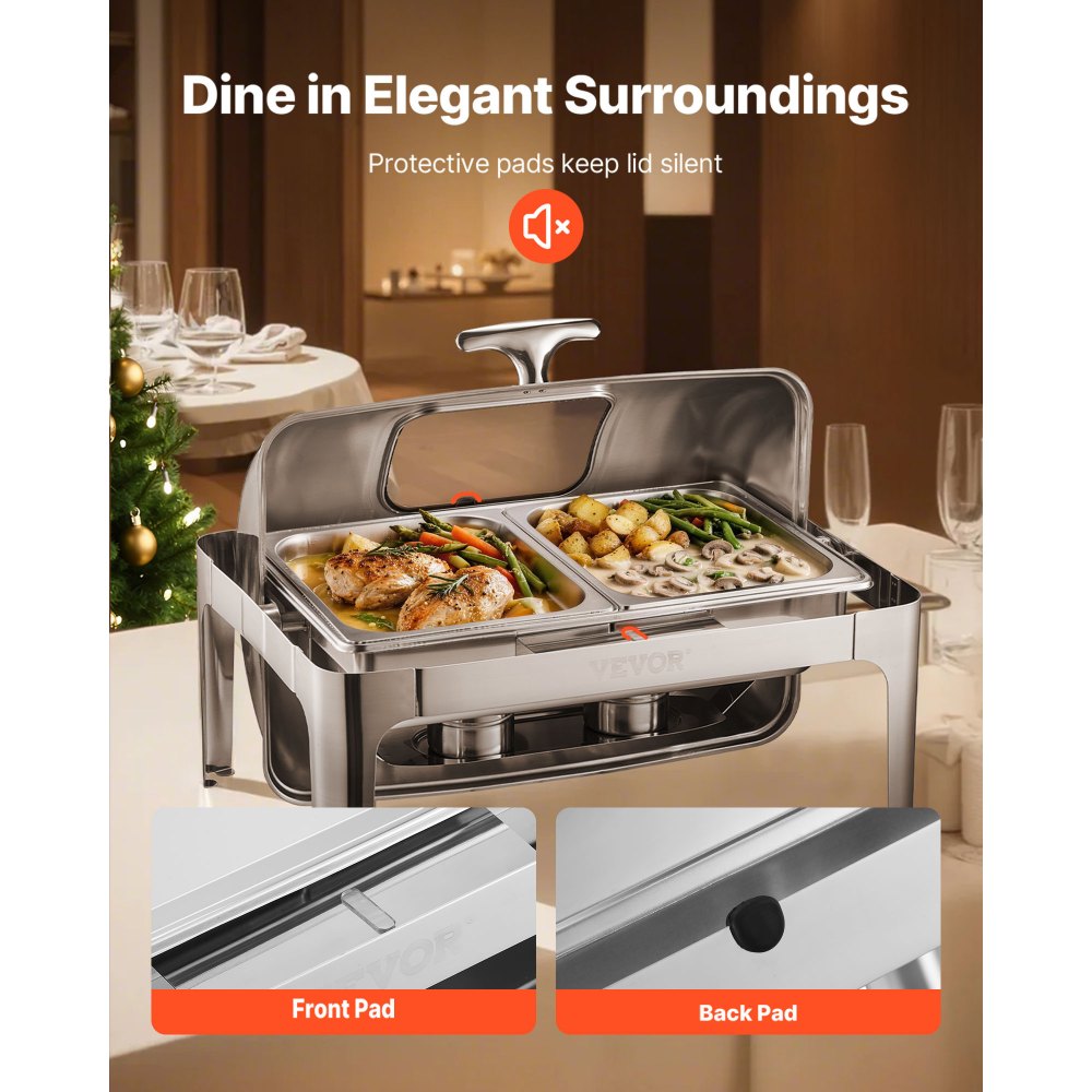 VEVOR Roll Top Chafing Dish Buffet Complete Set, 9 Qt 1 Pack Stainless Steel Chafer with 2 Half Size Pans, Rectangle Catering Warmer Server with Visible Lid Water Pan Folding Stand Fuel Holder, Silver