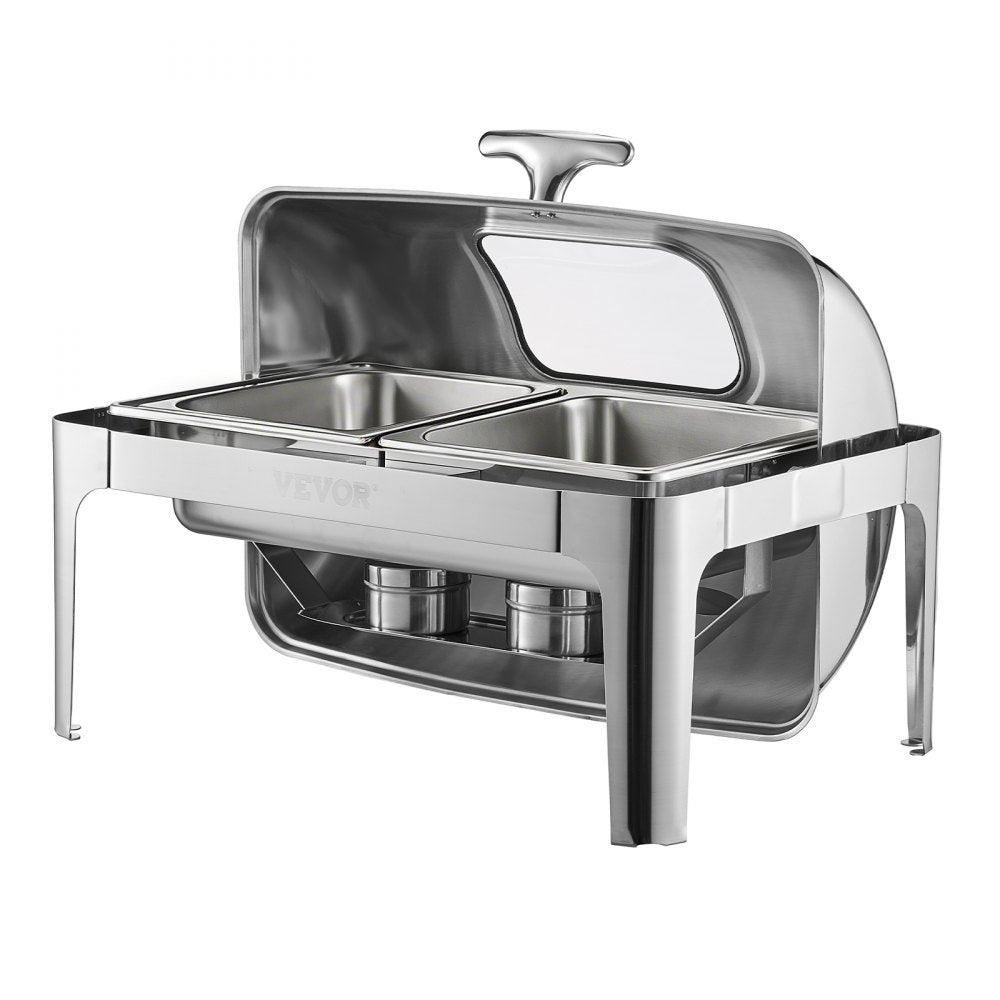 VEVOR Roll Top Chafing Dish Buffet Complete Set, 9 Qt 1 Pack Stainless Steel Chafer with 2 Half Size Pans, Rectangle Catering Warmer Server with Visible Lid Water Pan Folding Stand Fuel Holder, Silver