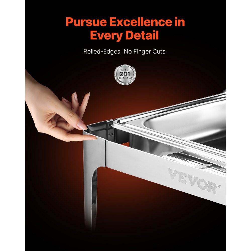 VEVOR Roll Top Chafing Dish Buffet Complete Set, 9Qt Stainless Steel Chafer with Full Size Pan, Rectangle Catering Warmer Server with Lid Water Pan Folding Stand Fuel Holder Meal Clip, Silver