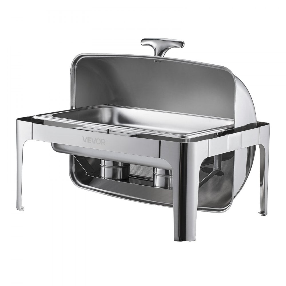 VEVOR Roll Top Chafing Dish Buffet Complete Set, 9Qt Stainless Steel Chafer with Full Size Pan, Rectangle Catering Warmer Server with Lid Water Pan Folding Stand Fuel Holder Meal Clip, Silver