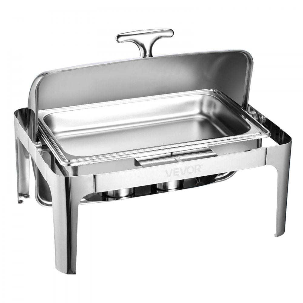 VEVOR Roll Top Chafing Dish Buffet Complete Set, 9Qt Stainless Steel Chafer with Full Size Pan, Rectangle Catering Warmer Server with Lid Water Pan Folding Stand Fuel Holder Meal Clip, Silver
