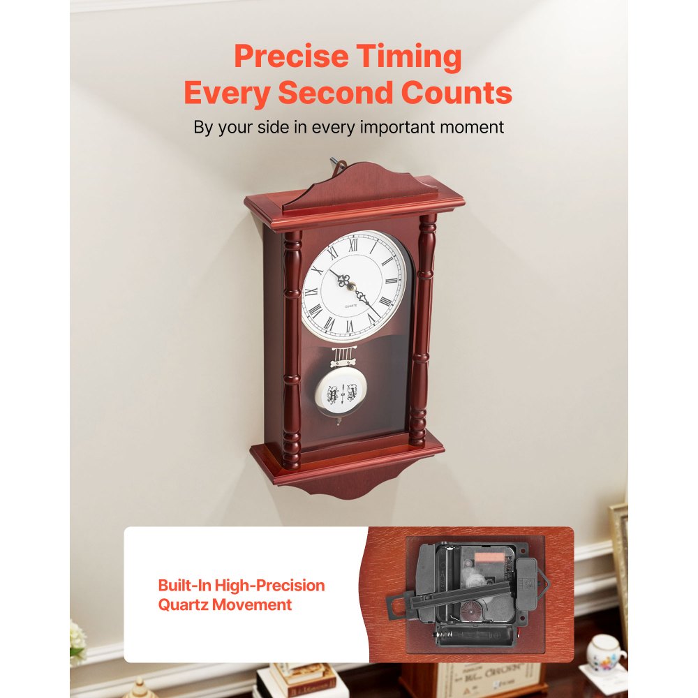 VEVOR Grandfather Clock, 18 in Classic Vintage Pendulum Clock, Pine Wood & MDF Wall Clocks with Quartz Movement and Quiet Design, for Living Room, Bedroom, Home Decor, and Gift (Cherry Tone Finish)