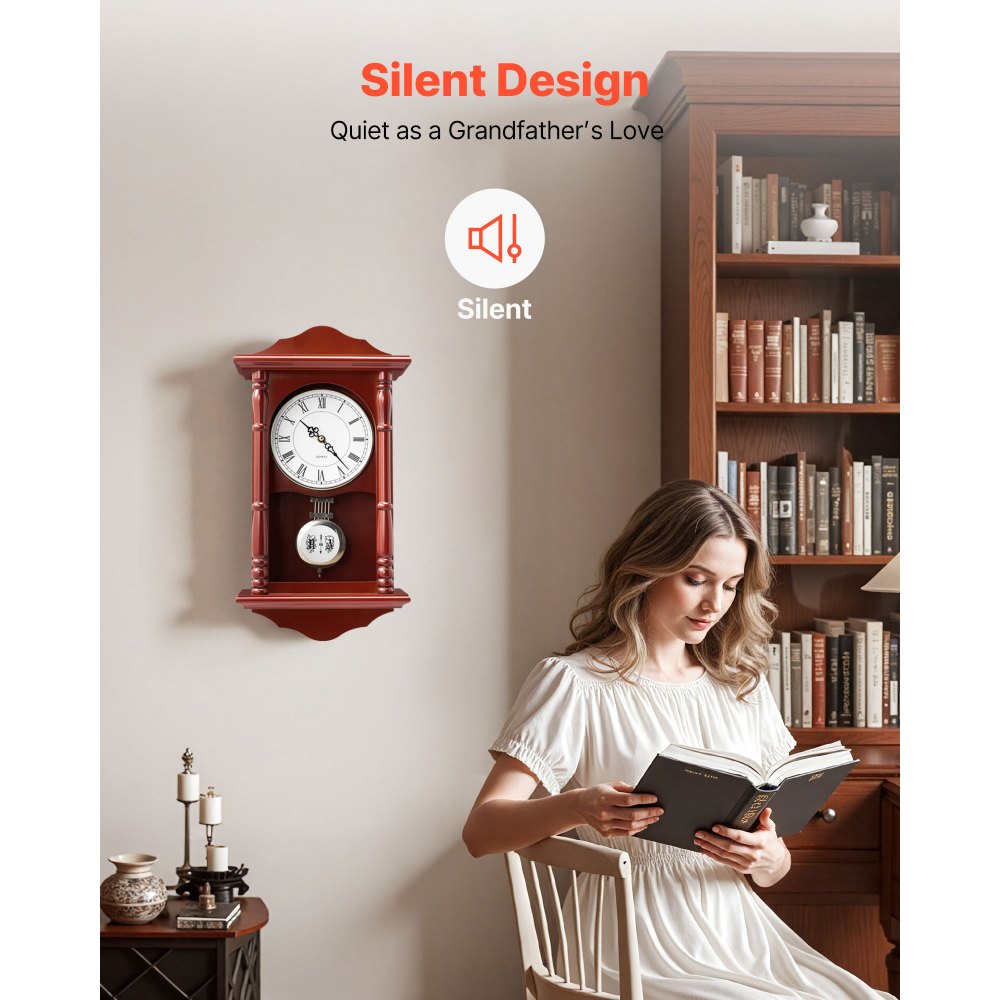 VEVOR Grandfather Clock, 18 in Classic Vintage Pendulum Clock, Pine Wood & MDF Wall Clocks with Quartz Movement and Quiet Design, for Living Room, Bedroom, Home Decor, and Gift (Cherry Tone Finish)