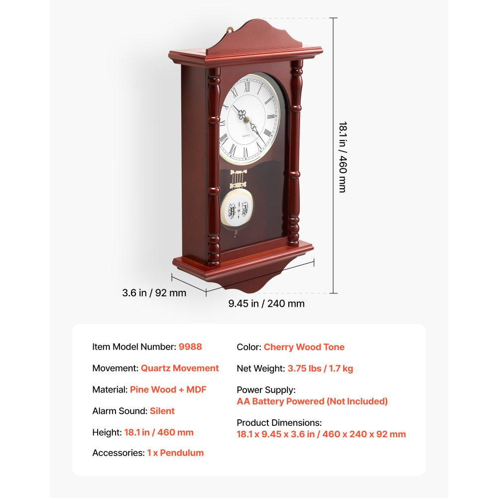VEVOR Grandfather Clock, 18 in Classic Vintage Pendulum Clock, Pine Wood & MDF Wall Clocks with Quartz Movement and Quiet Design, for Living Room, Bedroom, Home Decor, and Gift (Cherry Tone Finish)