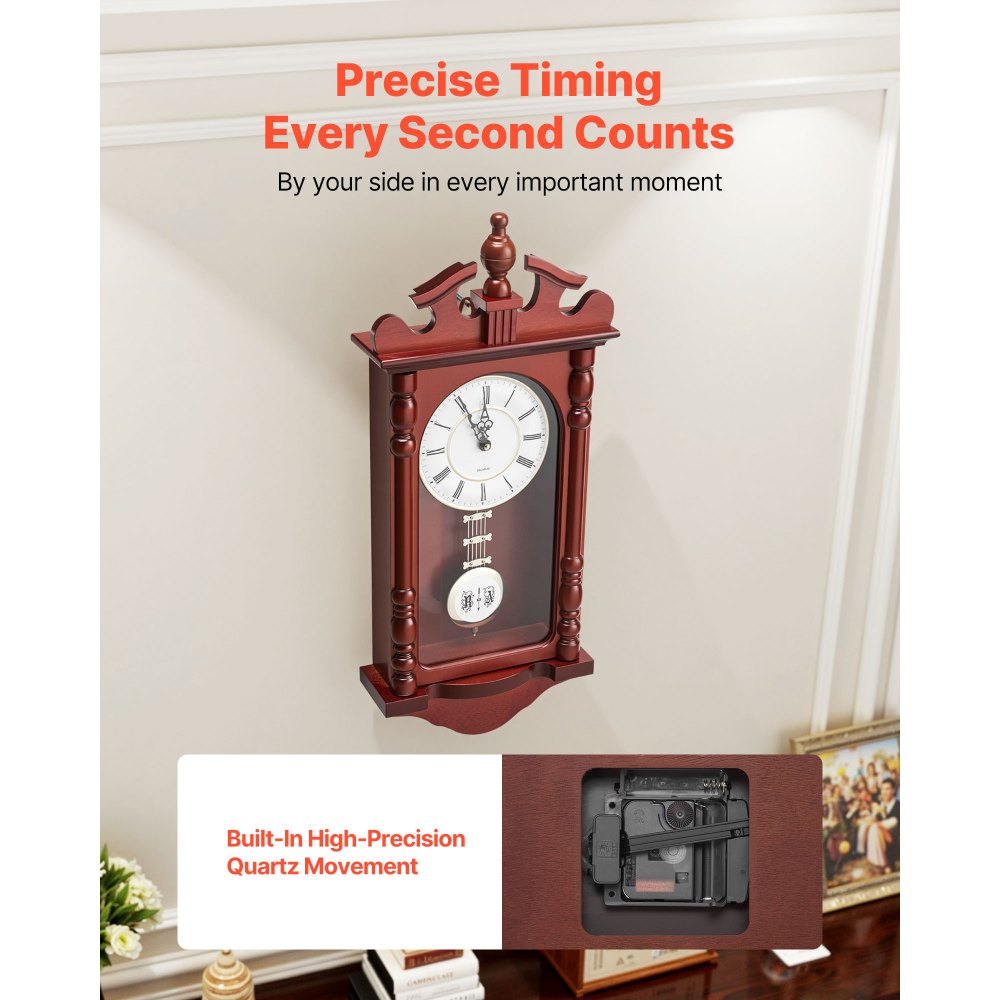 VEVOR Grandfather Clock, 23.2 in Classic Vintage Pendulum Clock, Pine Wood & MDF Wall Clocks with Quartz Movement and Quiet Design, for Living Room, Bedroom, Home Decor & Gift (Cherry Tone Finish)