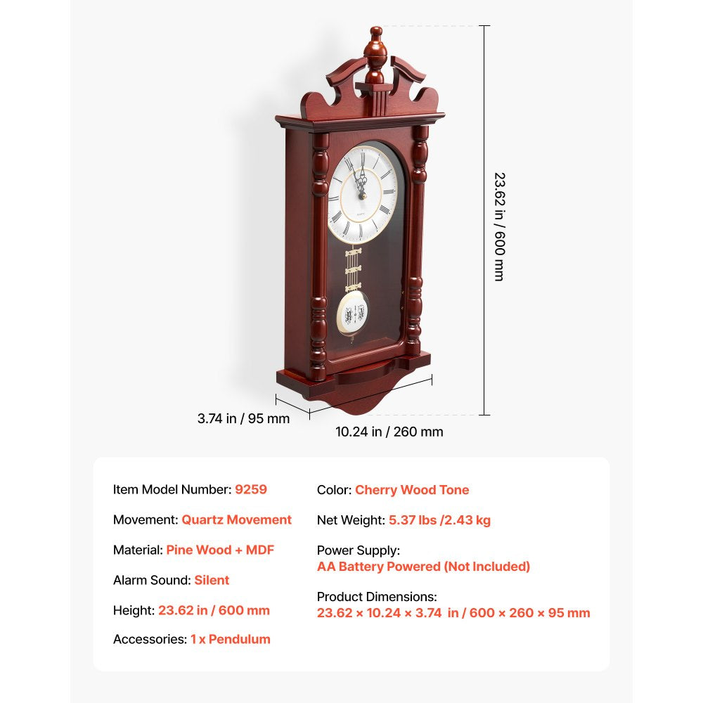 VEVOR Grandfather Clock, 23.2 in Classic Vintage Pendulum Clock, Pine Wood & MDF Wall Clocks with Quartz Movement and Quiet Design, for Living Room, Bedroom, Home Decor & Gift (Cherry Tone Finish)