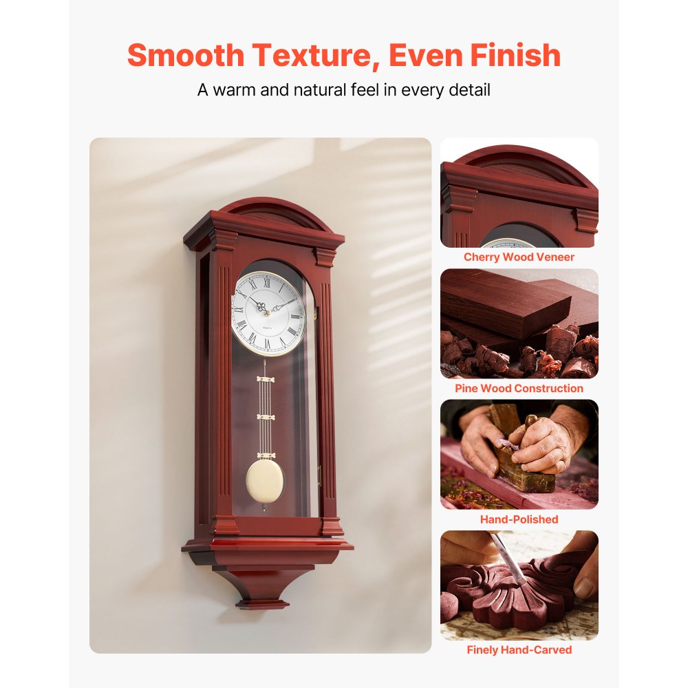 VEVOR Grandfather Clock, 26.7 in Classic Vintage Pendulum Clock, Pine Wood & MDF Wall Clocks with Quartz Movement and Quiet Design, for Living Room, Bedroom, Home Decor & Gift (Cherry Tone Finish)