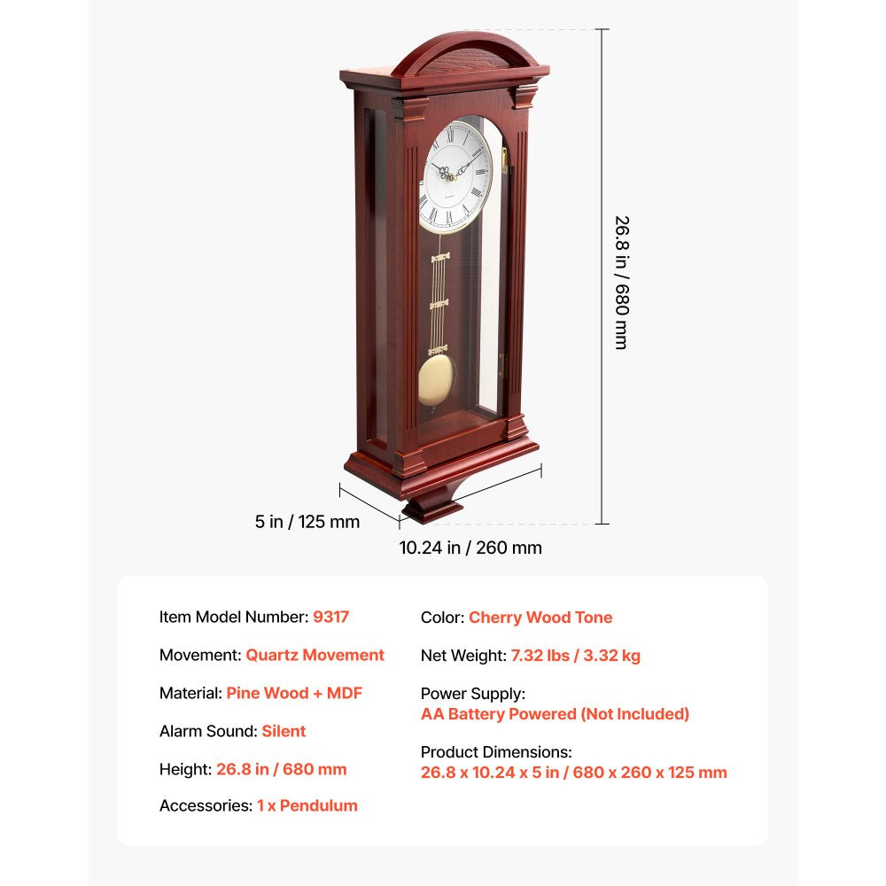VEVOR Grandfather Clock, 26.7 in Classic Vintage Pendulum Clock, Pine Wood & MDF Wall Clocks with Quartz Movement and Quiet Design, for Living Room, Bedroom, Home Decor & Gift (Cherry Tone Finish)