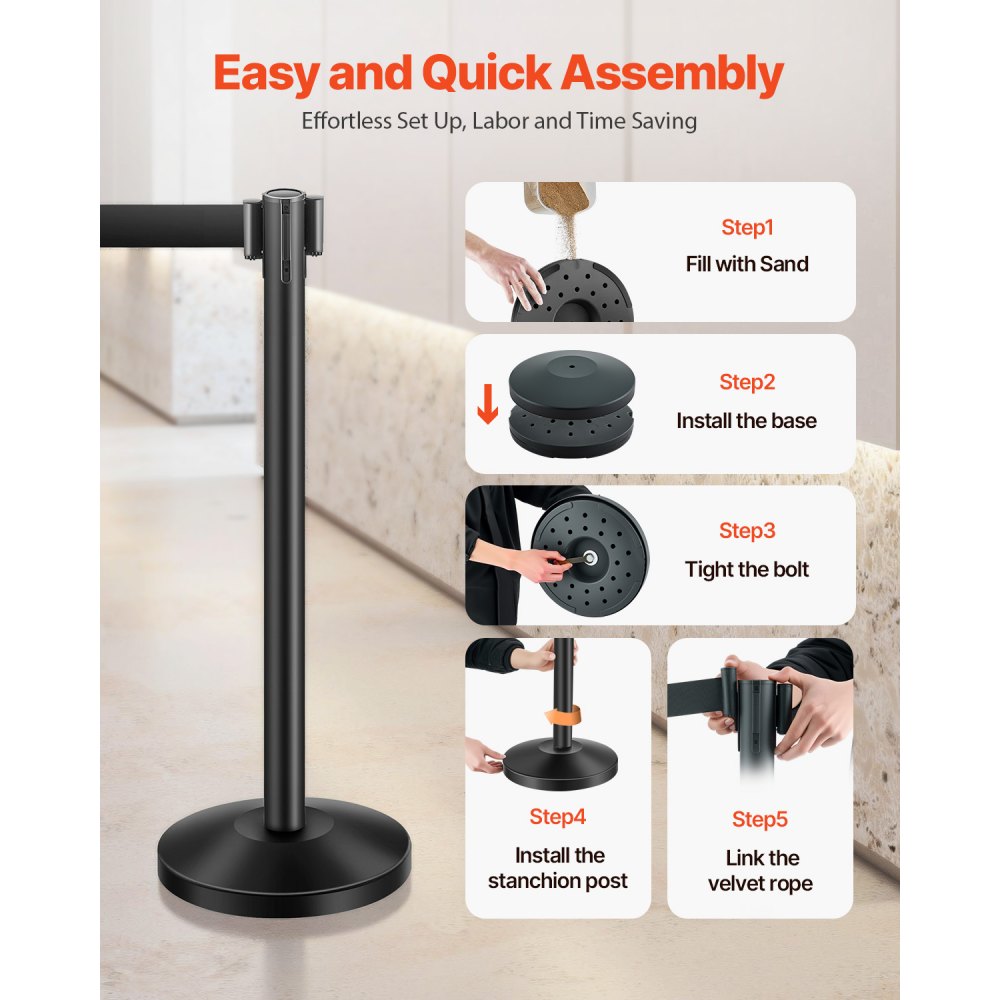 VEVOR Stanchion Post, 8 Pcs Stanchions with Retractable Belts, Carbon Steel Black Stanchions Queue with Sand Injection Hollow Base, Crowd Control Barriers for Theaters, Parties, Weddings, Exhibitions
