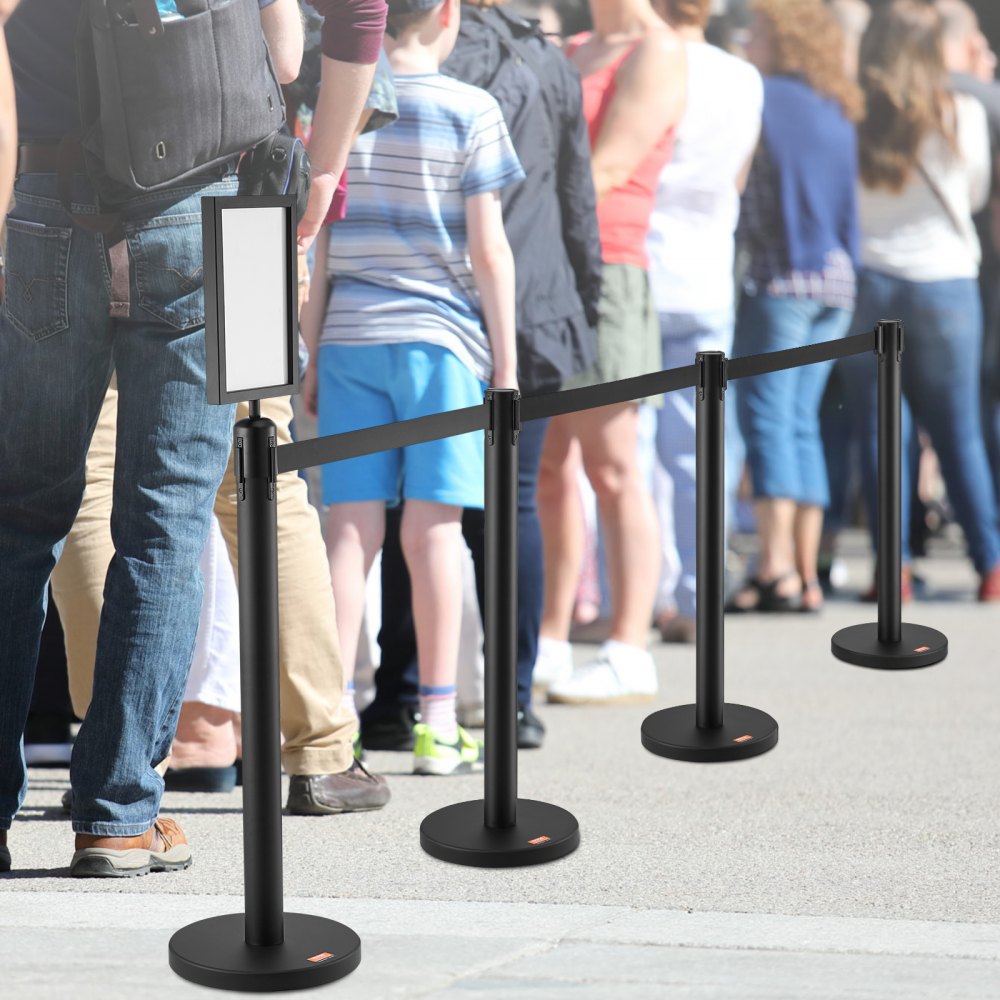 VEVOR Crowd Control Stanchions, 6-Pack Crowd Control Barriers, Carbon Steel Baking Painted Stanchion Queue Post with Sign Holder & 3PCS 6.5FT Retractable Belt, Belt Barrier Line Divider, Easy Assembly