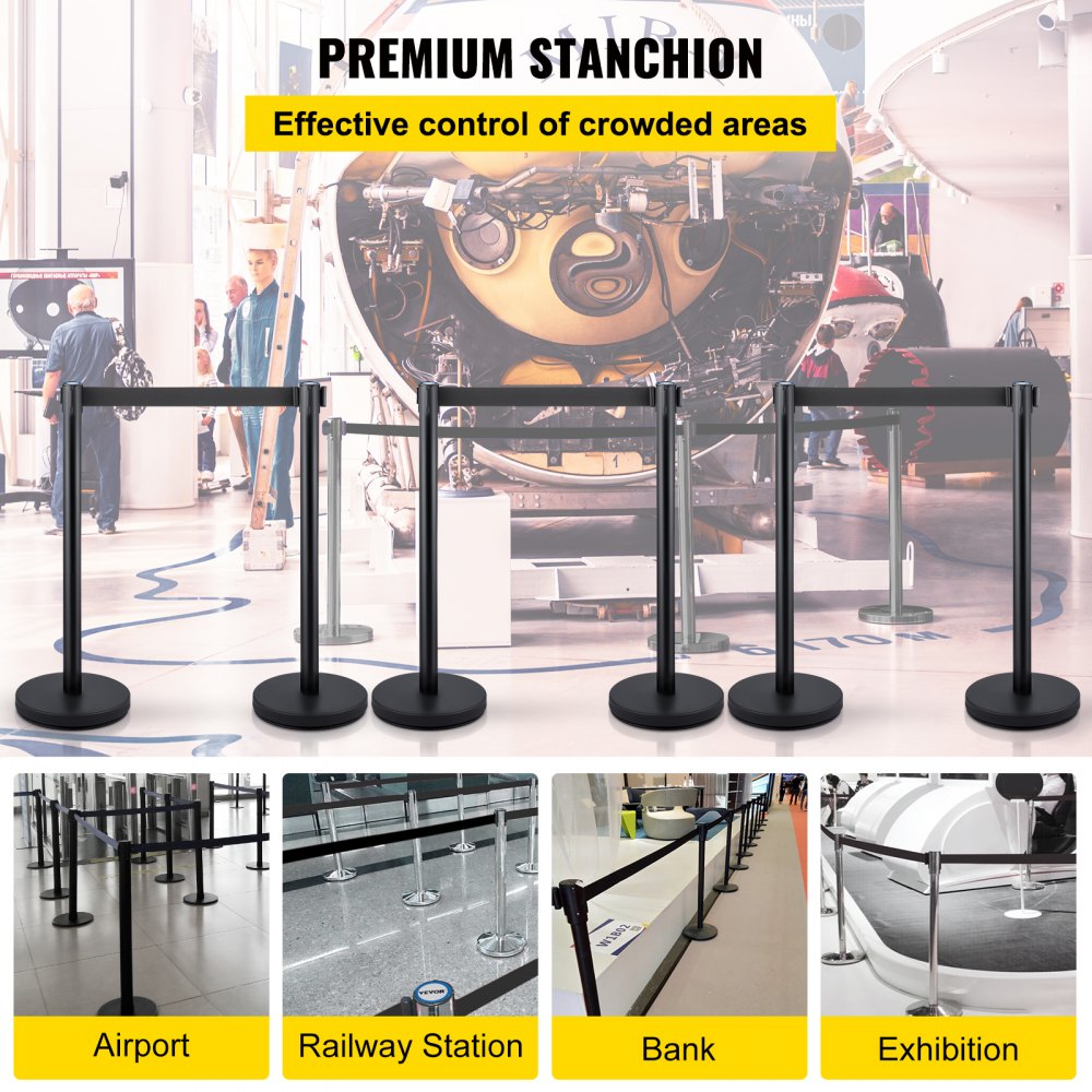 VEVOR Crowd Control Stanchions, 6-Pack Crowd Control Barriers with 3PCS 6.5FT Retractable Belt, Stanchion Posts Queue Pole for Crowd Control Barriers, Easy Assembly