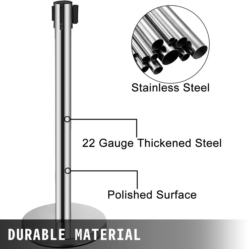 VEVOR Crowd Control Stanchion, 6-Pack Crowd Control Barrier, Carbon Steel Baking Painted Stanchion Queue Post with 3CS Retractable Belt & Fillable Base, Belt Barrier Line Divider, Easy Assembly