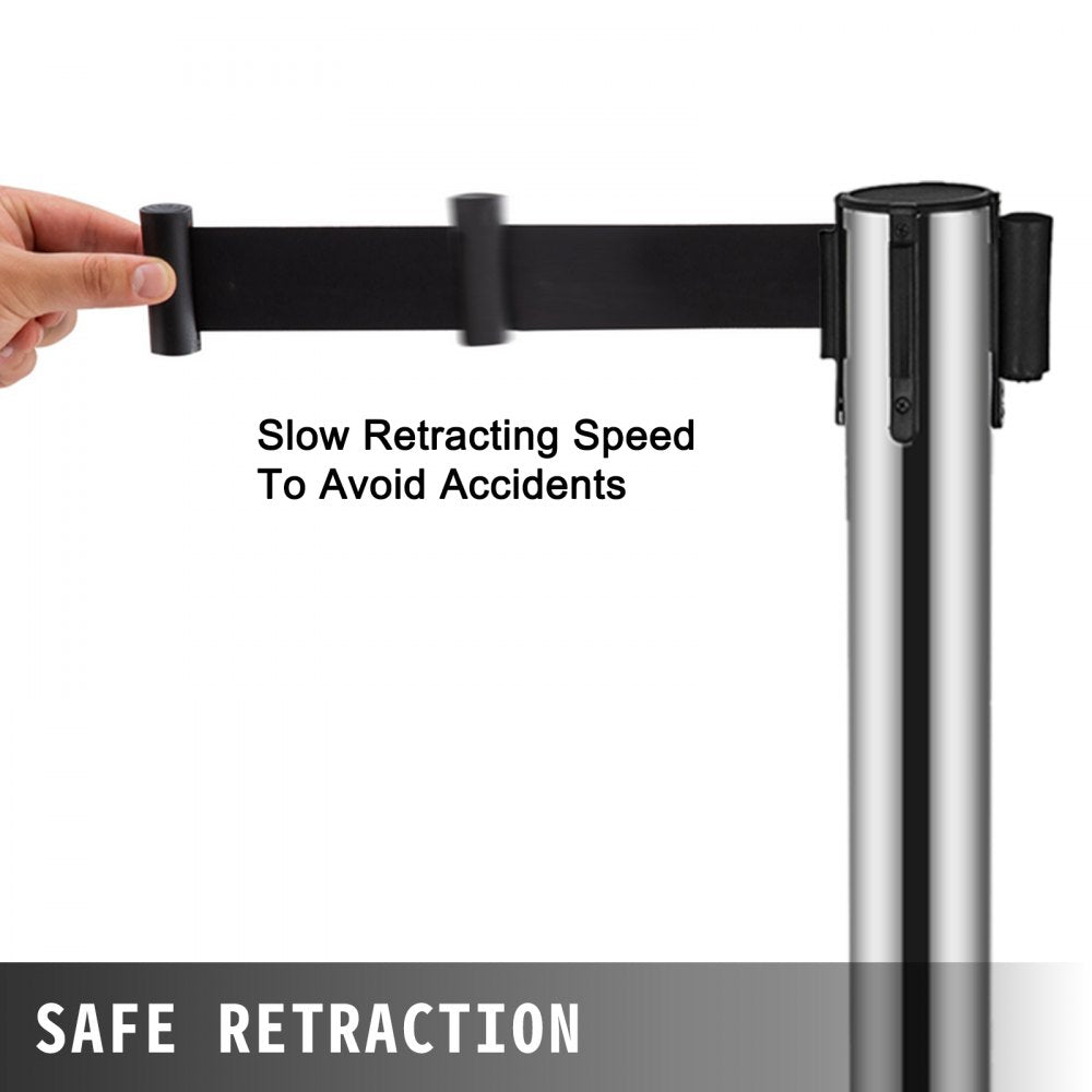 VEVOR Crowd Control Stanchion, 6-Pack Crowd Control Barrier, Carbon Steel Baking Painted Stanchion Queue Post with 3CS Retractable Belt & Fillable Base, Belt Barrier Line Divider, Easy Assembly