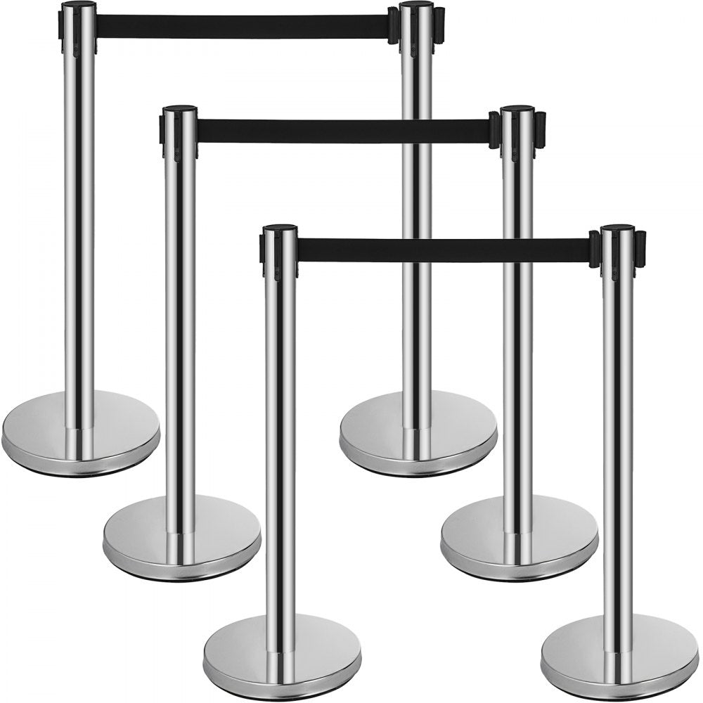 VEVOR Crowd Control Stanchion, 6-Pack Crowd Control Barrier, Carbon Steel Baking Painted Stanchion Queue Post with 3CS Retractable Belt & Fillable Base, Belt Barrier Line Divider, Easy Assembly