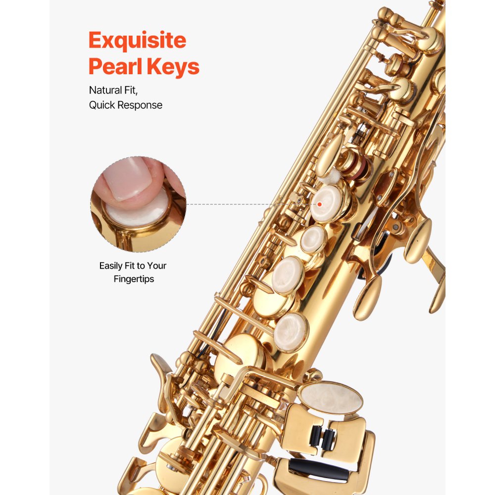 VEVOR Straight Soprano Saxophone, B Flat, Brass Saxophone Beginner Kit with Carrying Case, Mouthpiece, Cleaning Cloth Rod, Gloves, Neck Strap, 23 Keys Soprano Sax Kit, for Beginners Students, Gold