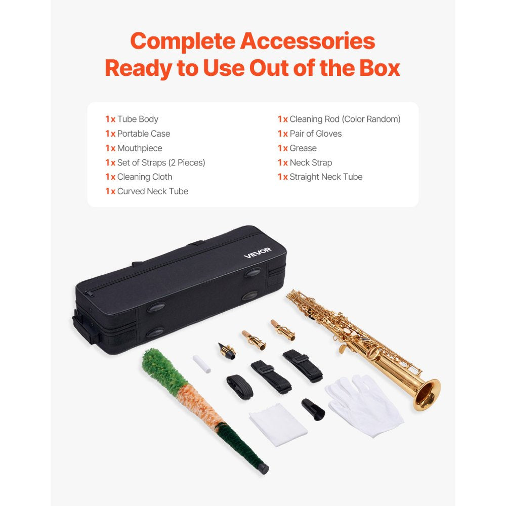 VEVOR Straight Soprano Saxophone, B Flat, Brass Saxophone Beginner Kit with Carrying Case, Mouthpiece, Cleaning Cloth Rod, Gloves, Neck Strap, 23 Keys Soprano Sax Kit, for Beginners Students, Gold