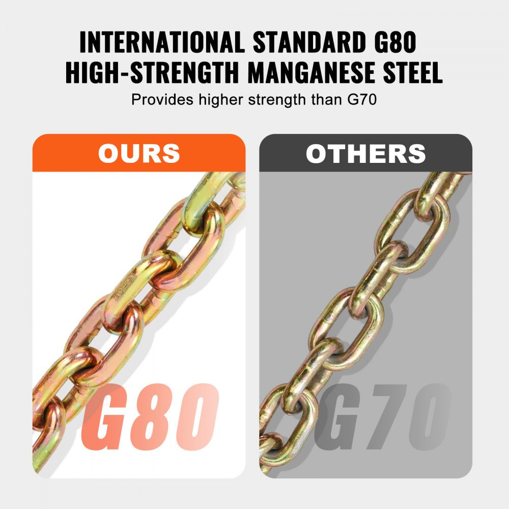 VEVOR G80 Transport Binder Chain, 3/8" x 2.9' 2-Pack Tow Chain with Clevis Snap Hook, 7100 lbs Safe Working Load, Heavy Duty Logging Chain for Transporting Towing Truck Tie Down Binding Equipment