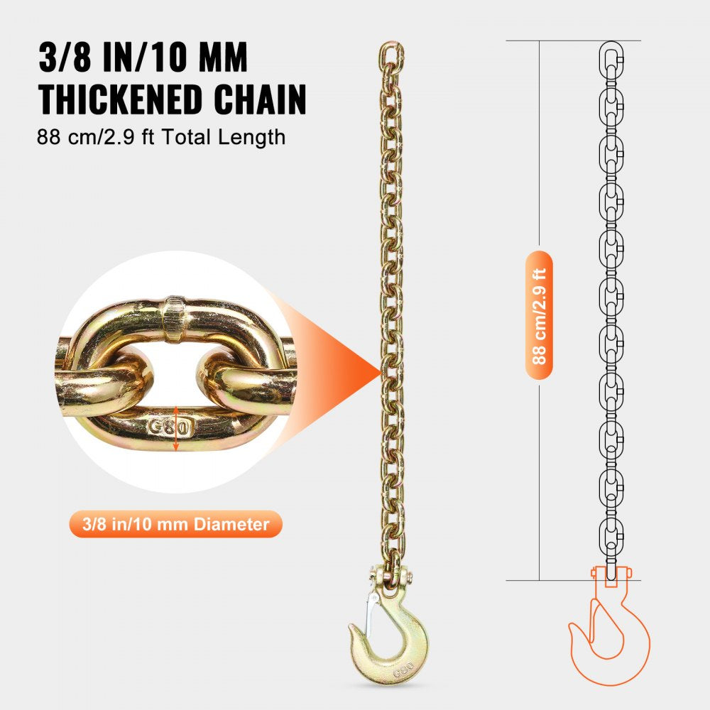 VEVOR G80 Transport Binder Chain, 3/8" x 2.9' 2-Pack Tow Chain with Clevis Snap Hook, 7100 lbs Safe Working Load, Heavy Duty Logging Chain for Transporting Towing Truck Tie Down Binding Equipment