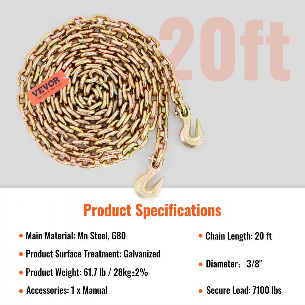 VEVOR Transport Binder Chain, 7100lbs Working Load Limit, 3/8''x20' G80 Tow Chain Tie Down with Grab Hooks, DOT Certified, Galvanized Coating Manganese Steel for Dock Factory Construction Site, 2 Pack