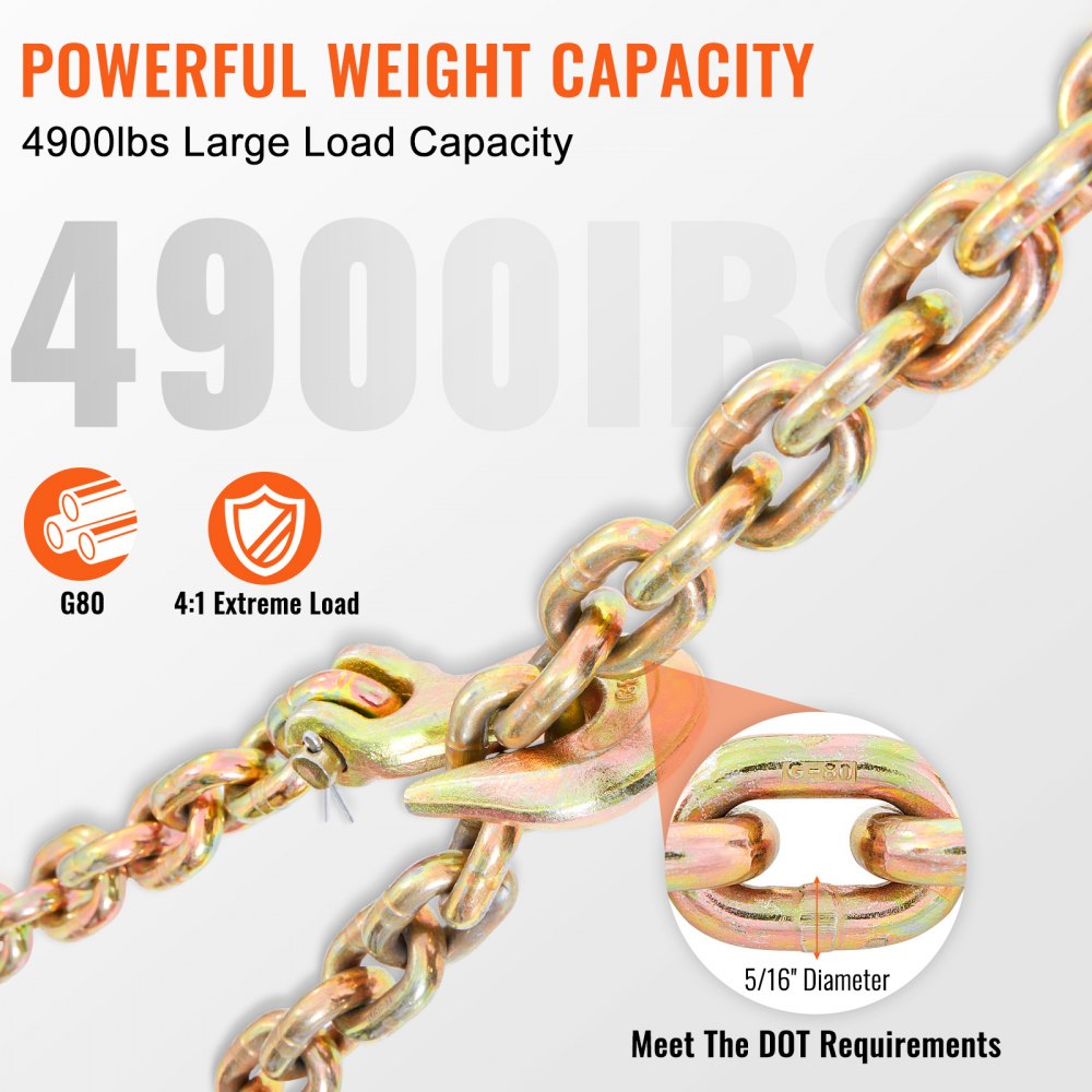 VEVOR Transport Binder Chain, 4900 lbs Working Load Limit, 5/16'' x 20' G80 Tow Chain Tie Down with Grab Hooks, DOT Certified, Galvanized Coating Manganese Steel for Dock Factory Construction Site