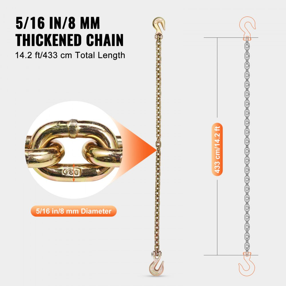 VEVOR G80 Transport Binder Chain, 5/16" x 14.2' Tow Chain with Clevis Grab Hooks, 4900 lbs Safe Working Load, Heavy Duty Trailer Logging Chain for Transporting Towing Truck Tie Down Binding Equipment