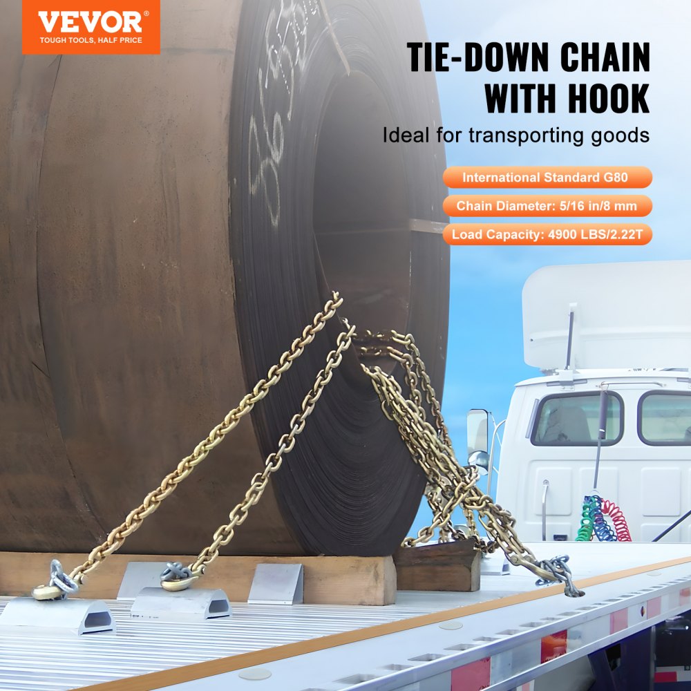 VEVOR G80 Transport Binder Chain, 5/16" x 10.3' Tow Chain with Clevis Grab Hooks, 4900 lbs Safe Working Load, Heavy Duty Trailer Logging Chain for Transporting Towing Truck Tie Down Binding Equipment