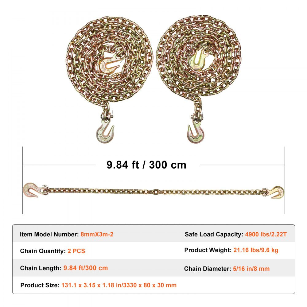 VEVOR G80 Transport Binder Chain, 5/16" x 9.84' 2-Pack Tow Chain with Clevis Grab Hooks, 4900 lbs Safe Working Load, Heavy Duty Logging Chain for Transporting Towing Truck Tie Down Binding Equipment