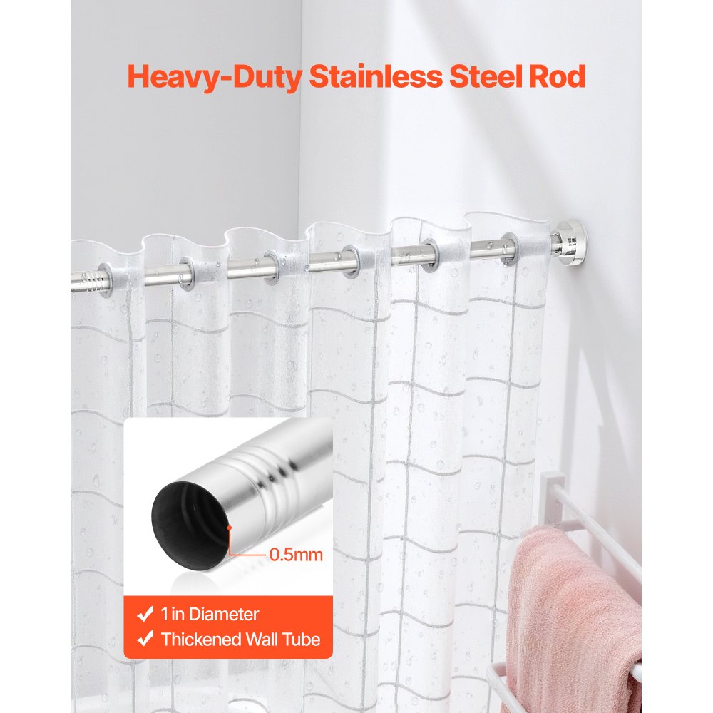 VEVOR Shower Curtain Rod, 28-76 Inches, 1 Inch Diameter Adjustable Spring Tension Stainless Steel Telescoping Rod with Holders, No Drilling Non-Slip for Bathroom, Closet, Window, Room Divider, Silver