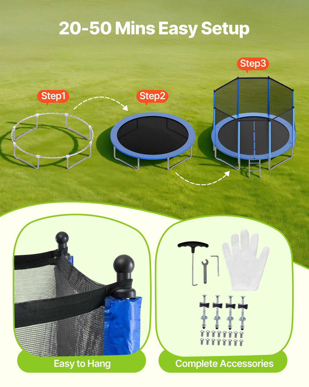VEVOR Outdoor Trampoline - easy setup steps feature graphic