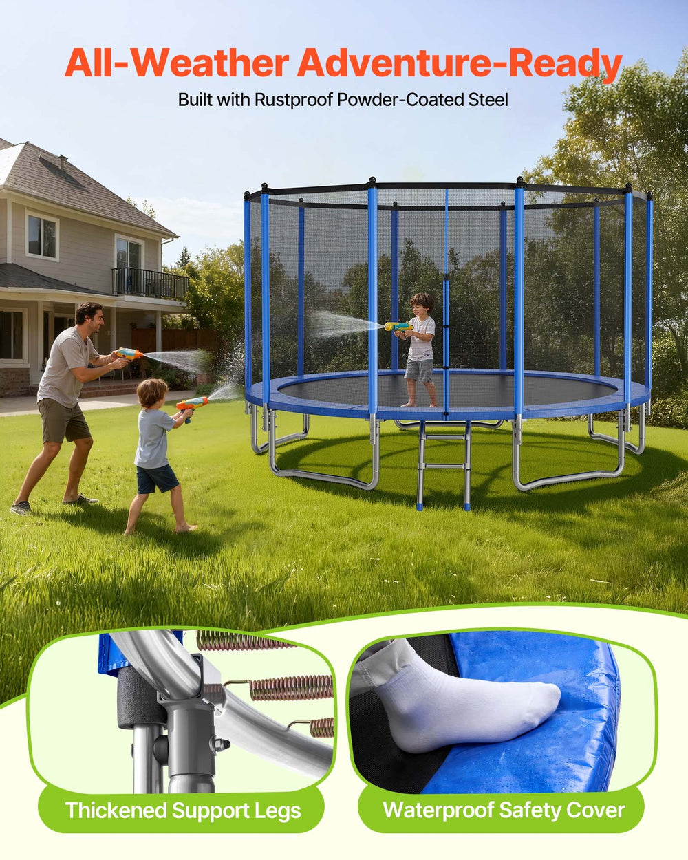 All-weather adventure-ready (rustproof steel, waterproof safety cover)