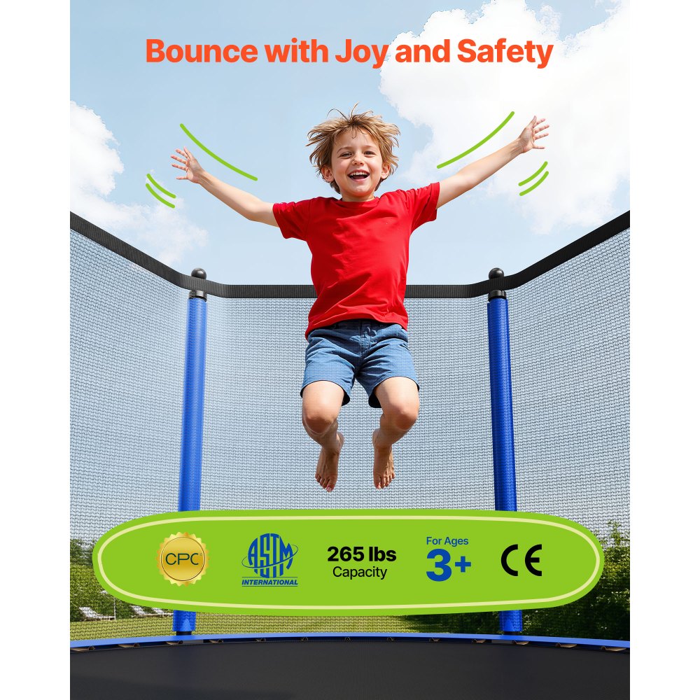 VEVOR Outdoor Trampoline, 8FT Round Recreational Trampoline with Enclosure Net, ASTM Approved, Heavy Duty Trampolines, Max 265 lbs Weight Capacity, Anti-Rust Backyard Trampolines for Kids & Adults