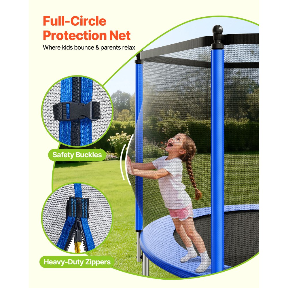VEVOR Outdoor Trampoline, 8FT Round Recreational Trampoline with Enclosure Net, ASTM Approved, Heavy Duty Trampolines, Max 265 lbs Weight Capacity, Anti-Rust Backyard Trampolines for Kids & Adults